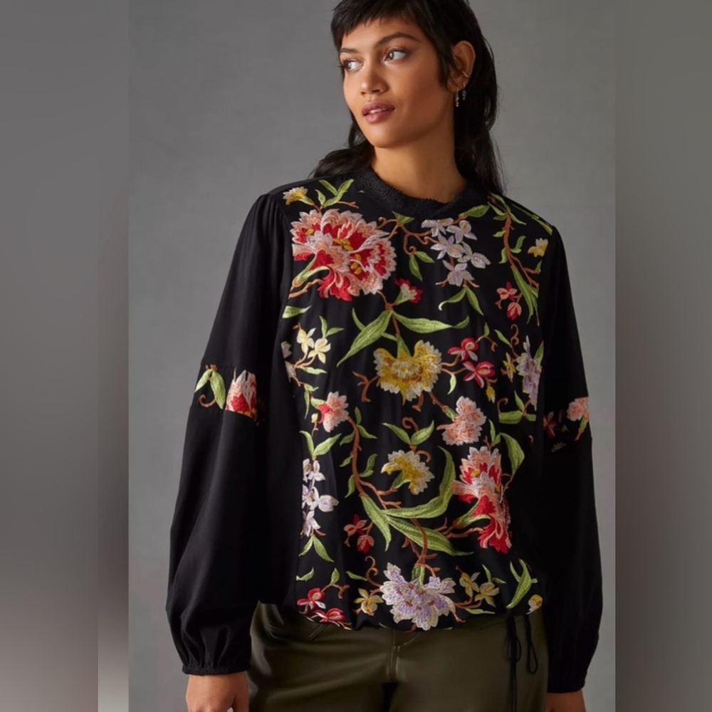 Anthropologie TINY Floral Embroidered Black Blouse Romantic Boho Small